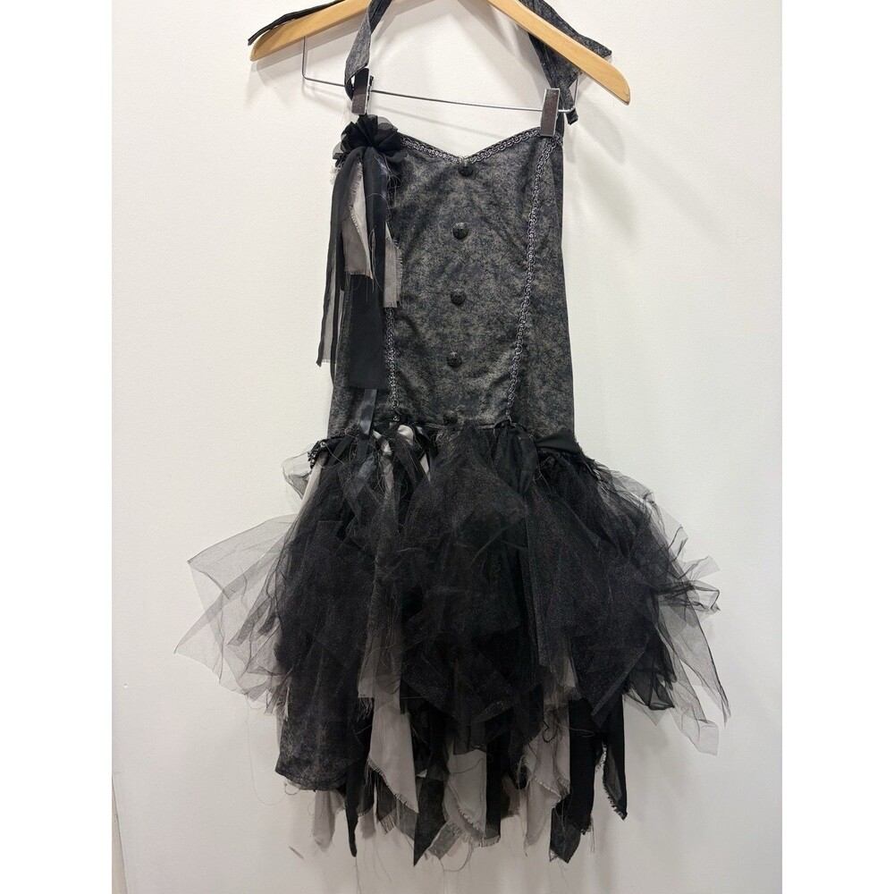 Gothic Steampunk Corset Tulle Dress Black Gray Halter Fairy Grunge Handmade L